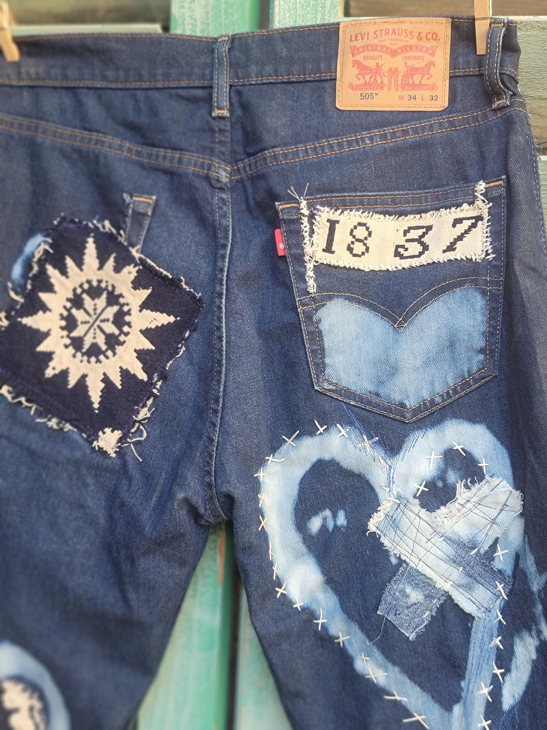 Reworked Stitched Heart Jeans: Upcycled Antique Patch Levis 34x32