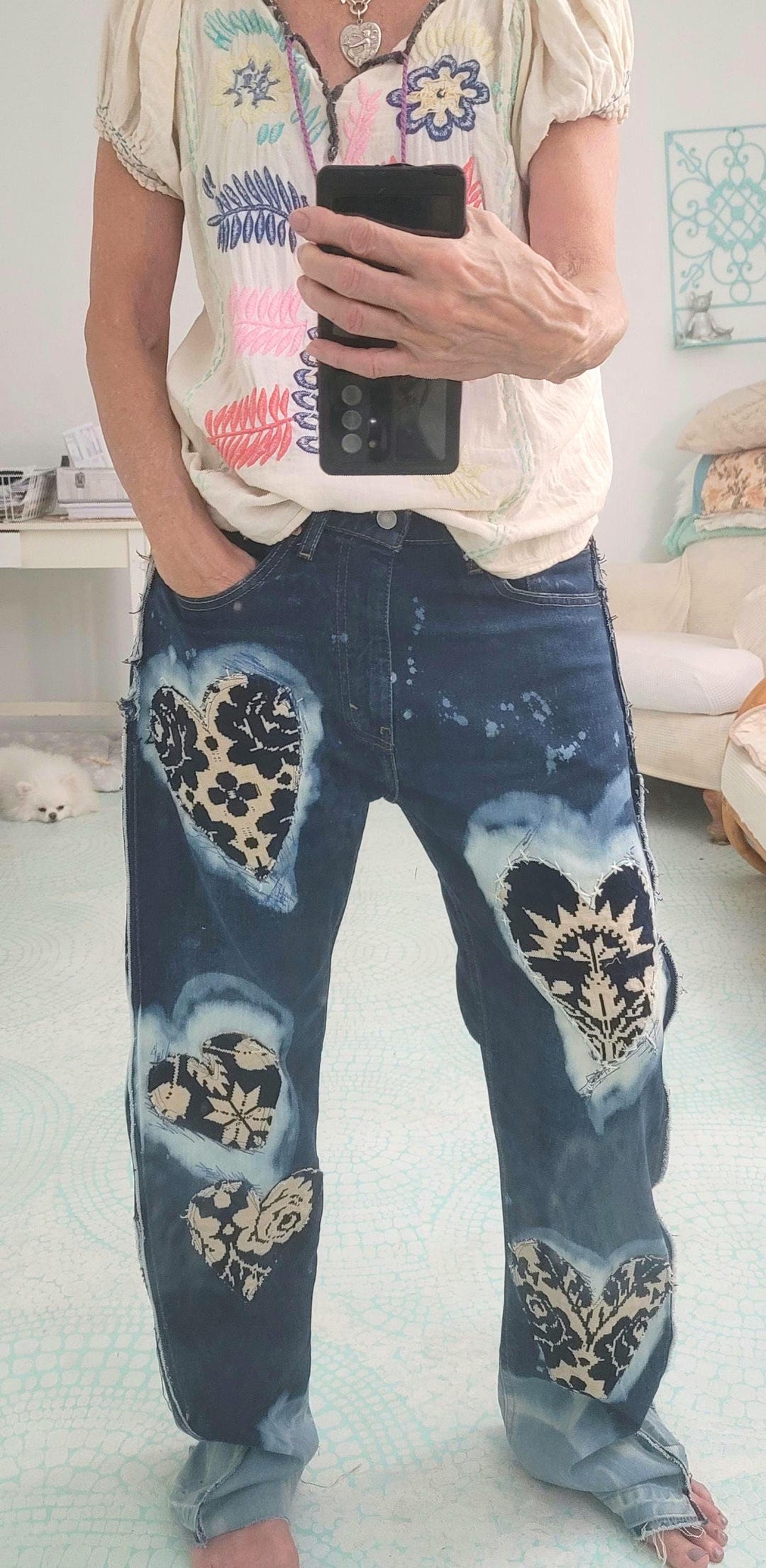 Reworked Stitched Heart Jeans: Upcycled Antique Patch Levis 34x32