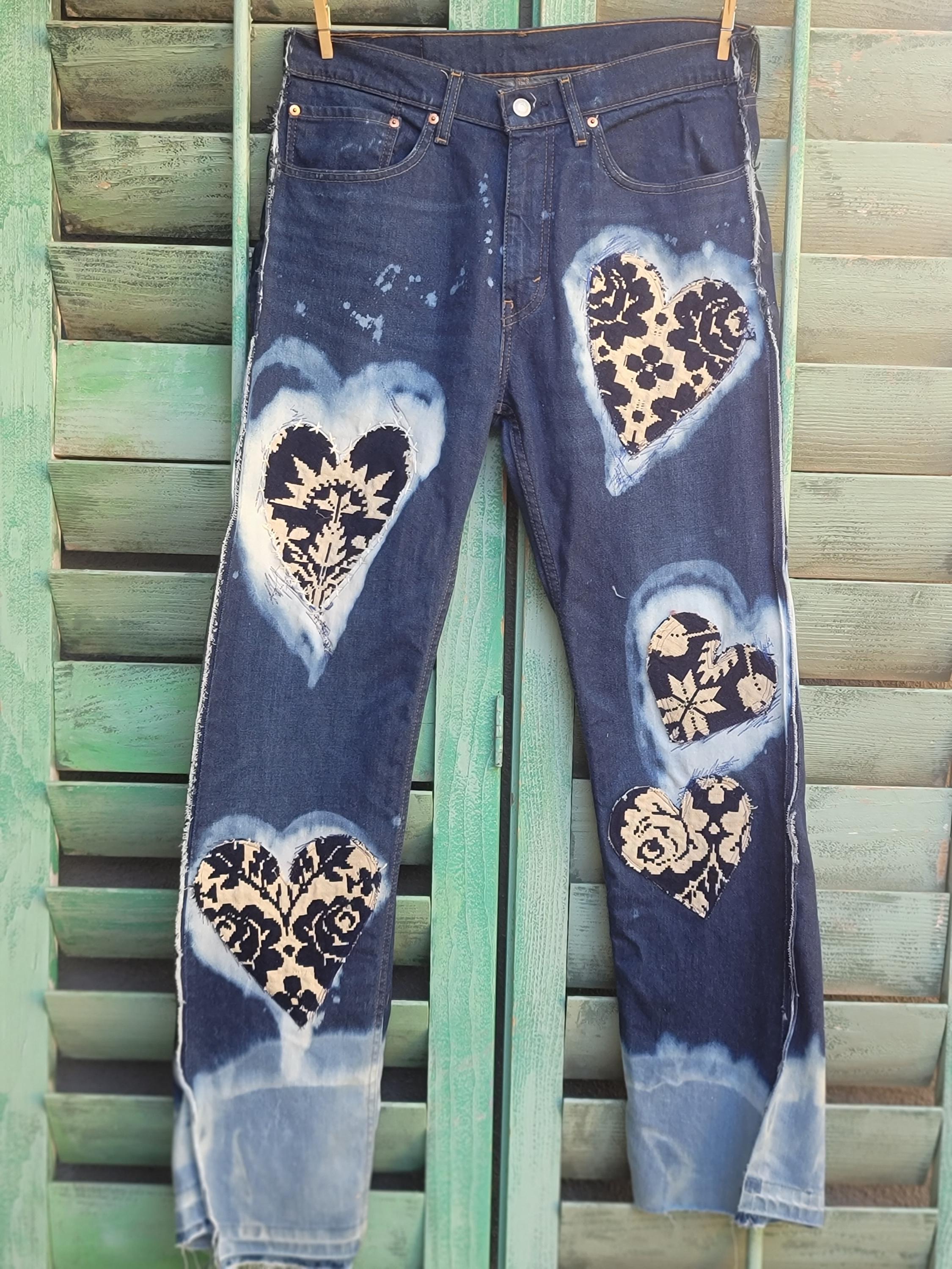 Reworked Stitched Heart Jeans: Upcycled Antique Patch Levis 34x32