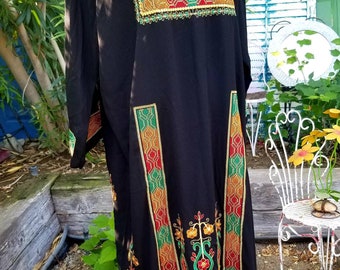 Vintage Boho Dress Caftan Multi-Color Embroidered Geometric Print Kaftan india Long Maxi Black M L