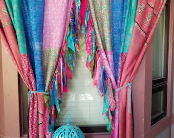 Bohemian Curtains Hippie Hippy HippieWild Boho Gypsy silk saree sari fringe multicolor patchwork panels india bohemian