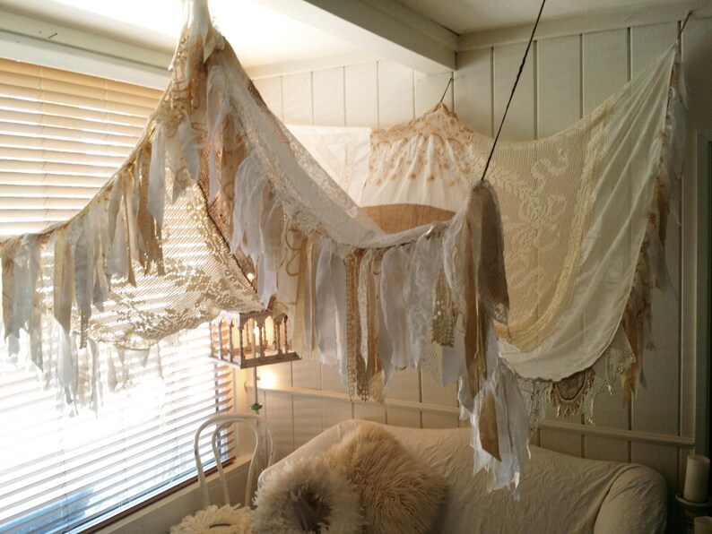 Shabby Chic Curtain Canopy bed boho upcycled Bohemian Hippy Etsy