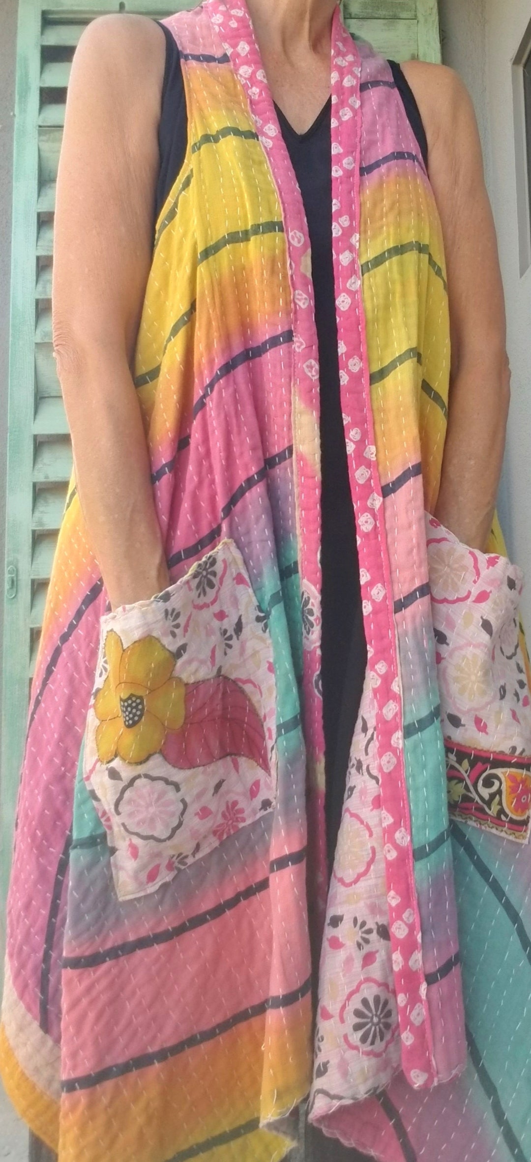Silk Kantha Short Vest-Top Red Lila
