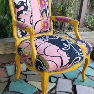 Vintage kantha Pink Abstract French Provincial Arm Chair, Whimsical side Chair, bohemian chair, Statement Chair, Eclectic Chair, boho chair