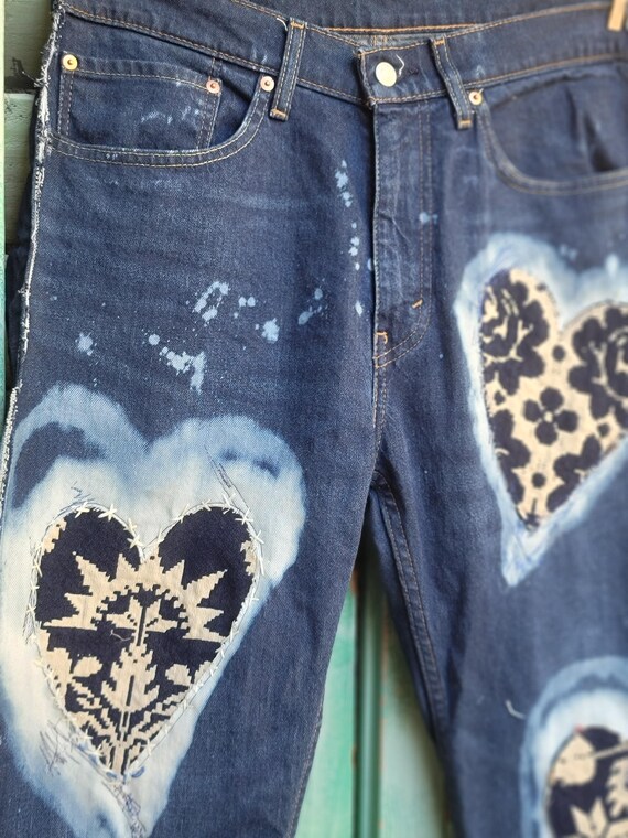 Reworked Stitched Heart Jeans: Upcycled Antique Patch Levis 34x32