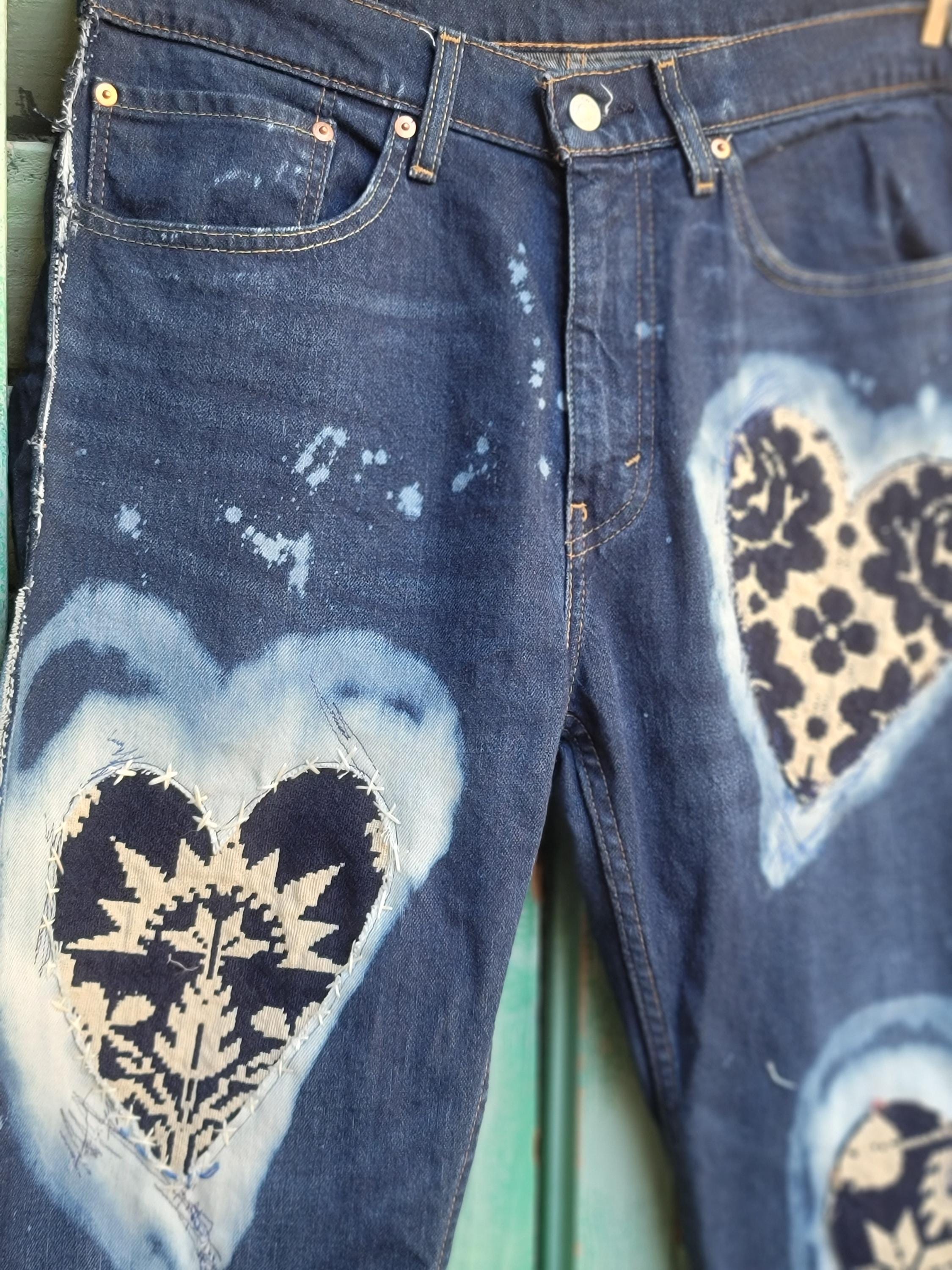 Reworked Stitched Heart Jeans: Upcycled Antique Patch Levis 34x32