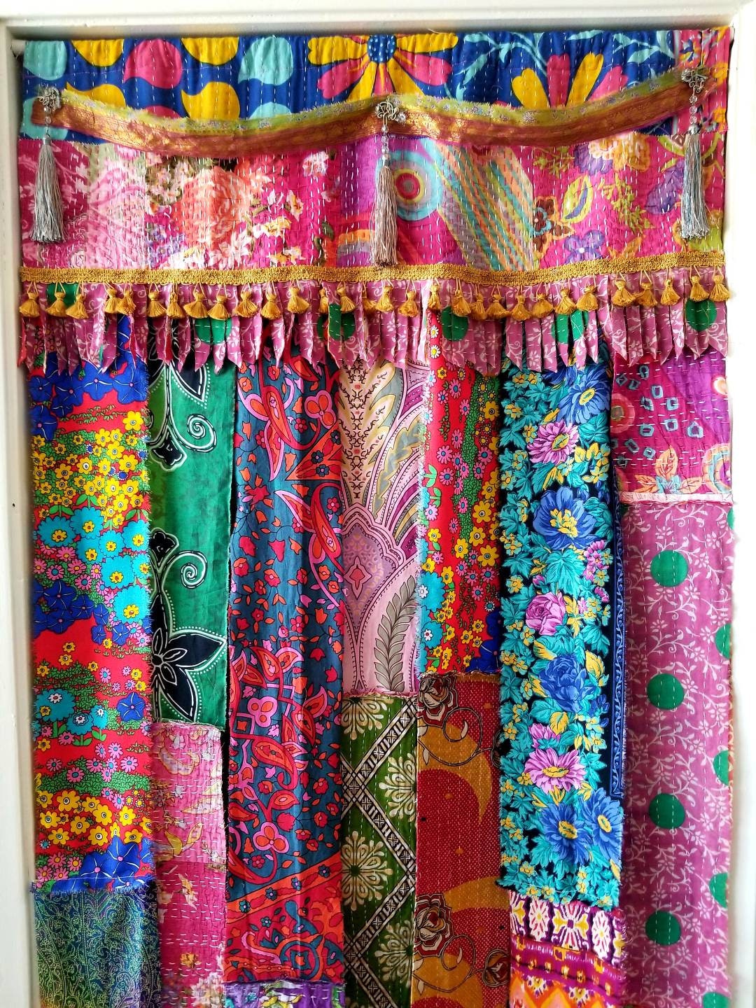 Boho Curtain Bohemian Decor Kantha Curtain Tassel Beaded Etsy