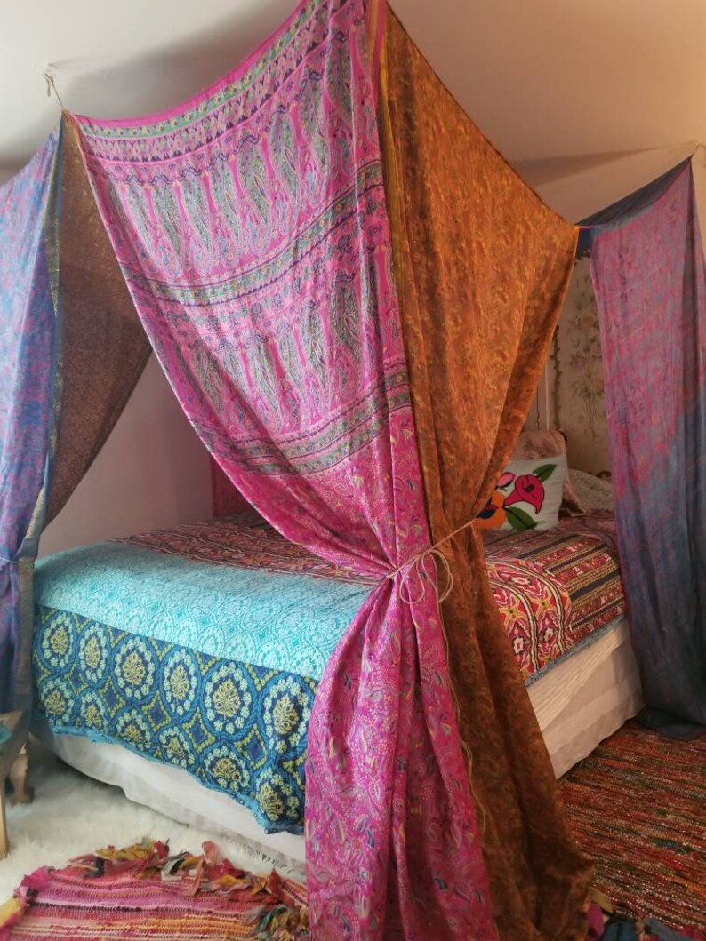 Bed Canopy In Stock Curtains Bohemian Blue Hippiewild Boho Etsy