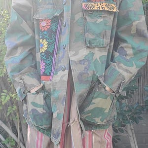 Upcycled Military Camo Jacket: Embroidered Vintage Army Coat, XL image 8