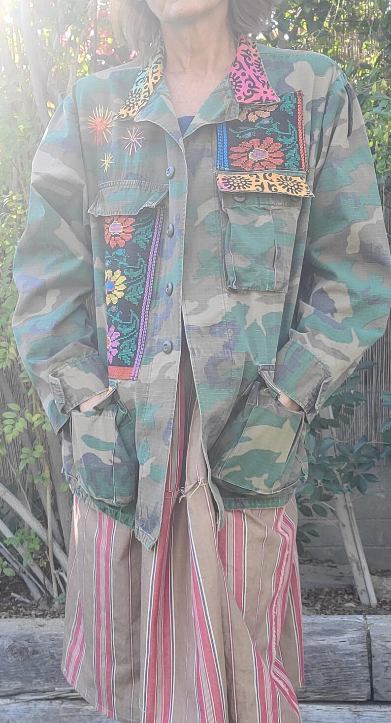 Upcycled Military Camo Jacket: Embroidered Vintage Army Coat, XL image 8