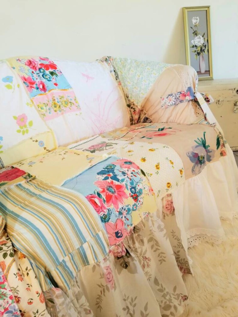 Shabby chic slipcover loveseat couch throw Boho decor Etsy