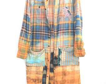 Bleached Patchwork Flannel Duster: Upcycled Hippie Coat, XL