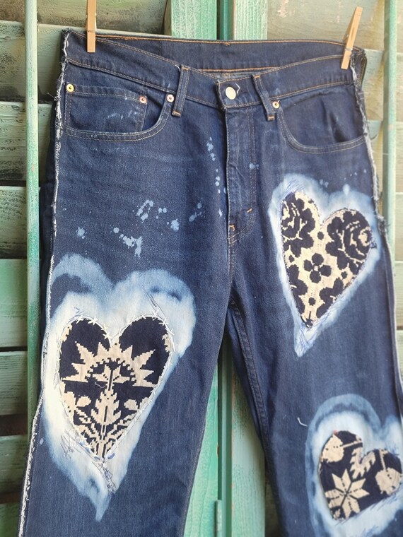 Reworked Stitched Heart Jeans: Upcycled Antique Patch Levis 34x32