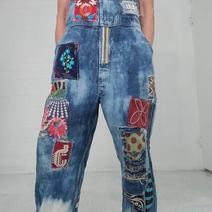 Denim Overalls, Vintage Overalls, vintage patches, upcycled jeans, Patchwork Overalls, Distressed Overalls, XL Plus size, kantha patches