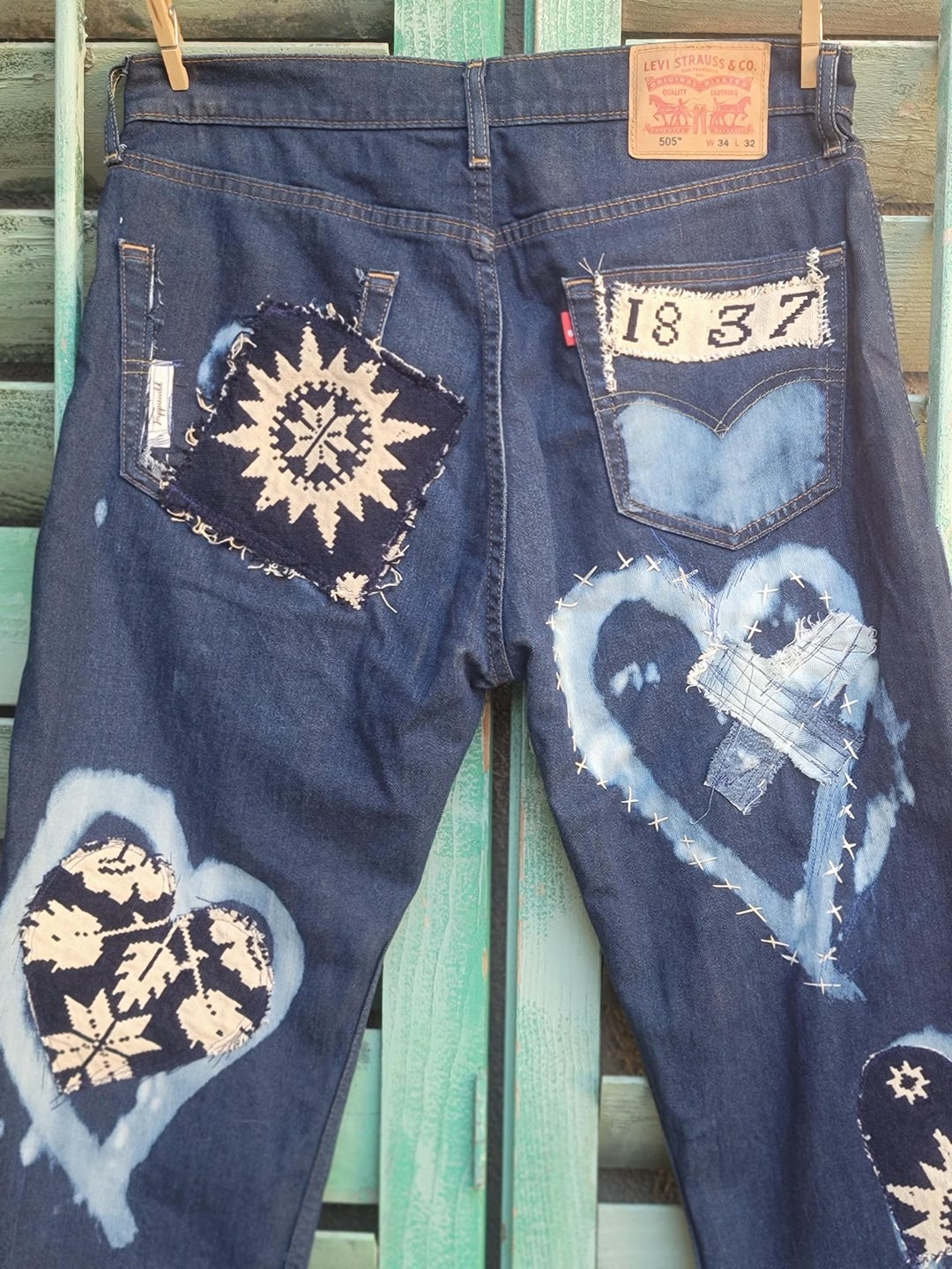 Reworked Stitched Heart Jeans: Upcycled Antique Patch Levis 34x32