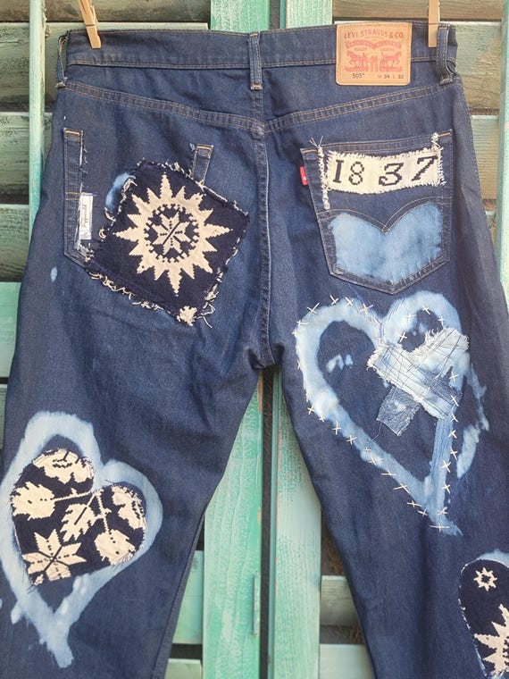 Reworked Stitched Heart Jeans: Upcycled Antique Patch Levis 34x32