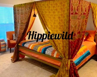 King Bed Canopy Made To Order Bohemian Desert colors Hippiewild Boho Decor India silk sari saree hippie curtains taj mahal king or queen