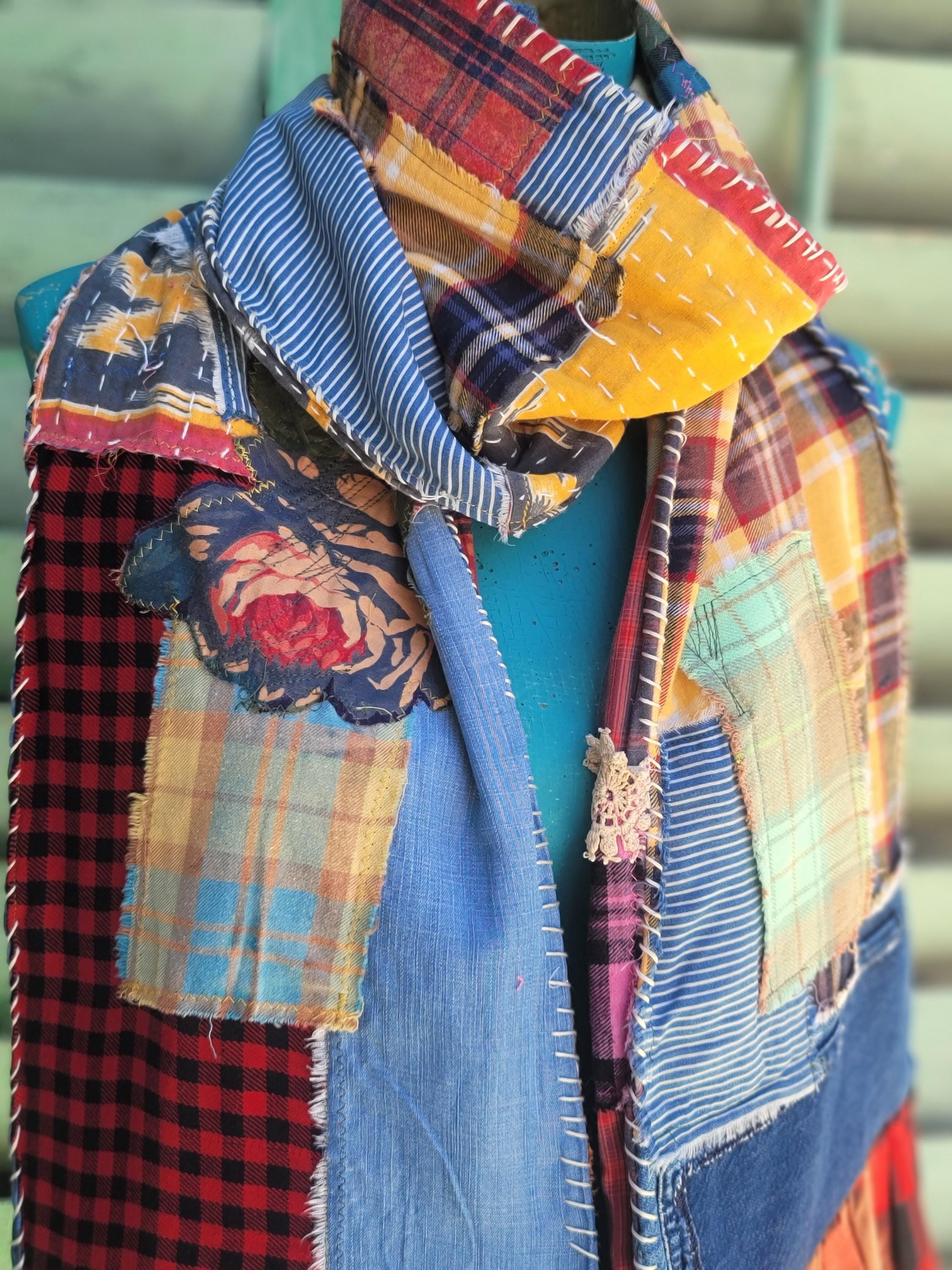 Handmade Patchwork Flannel Scarf: Embroidered Boho Shawl - Etsy