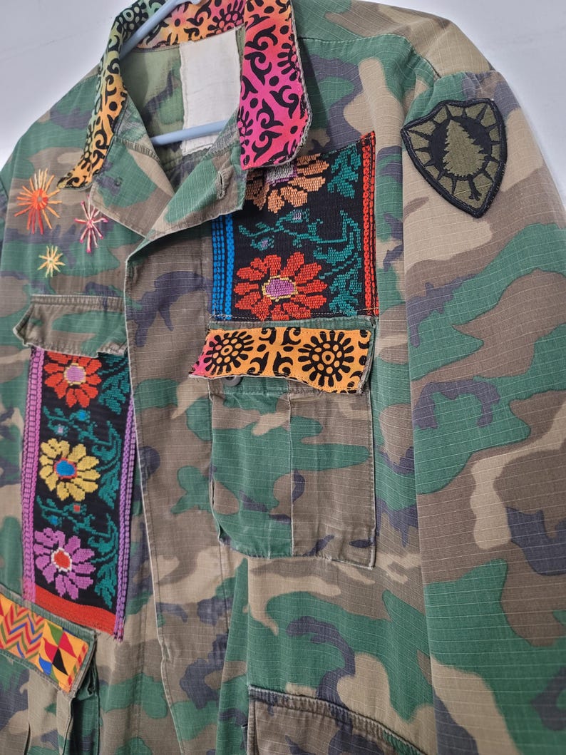 Upcycled Military Camo Jacket: Embroidered Vintage Army Coat, XL image 6
