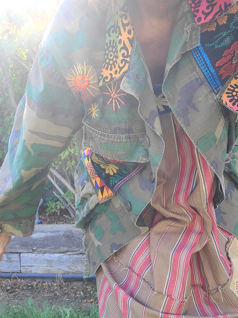 Upcycled Military Camo Jacket: Embroidered Vintage Army Coat, XL image 2