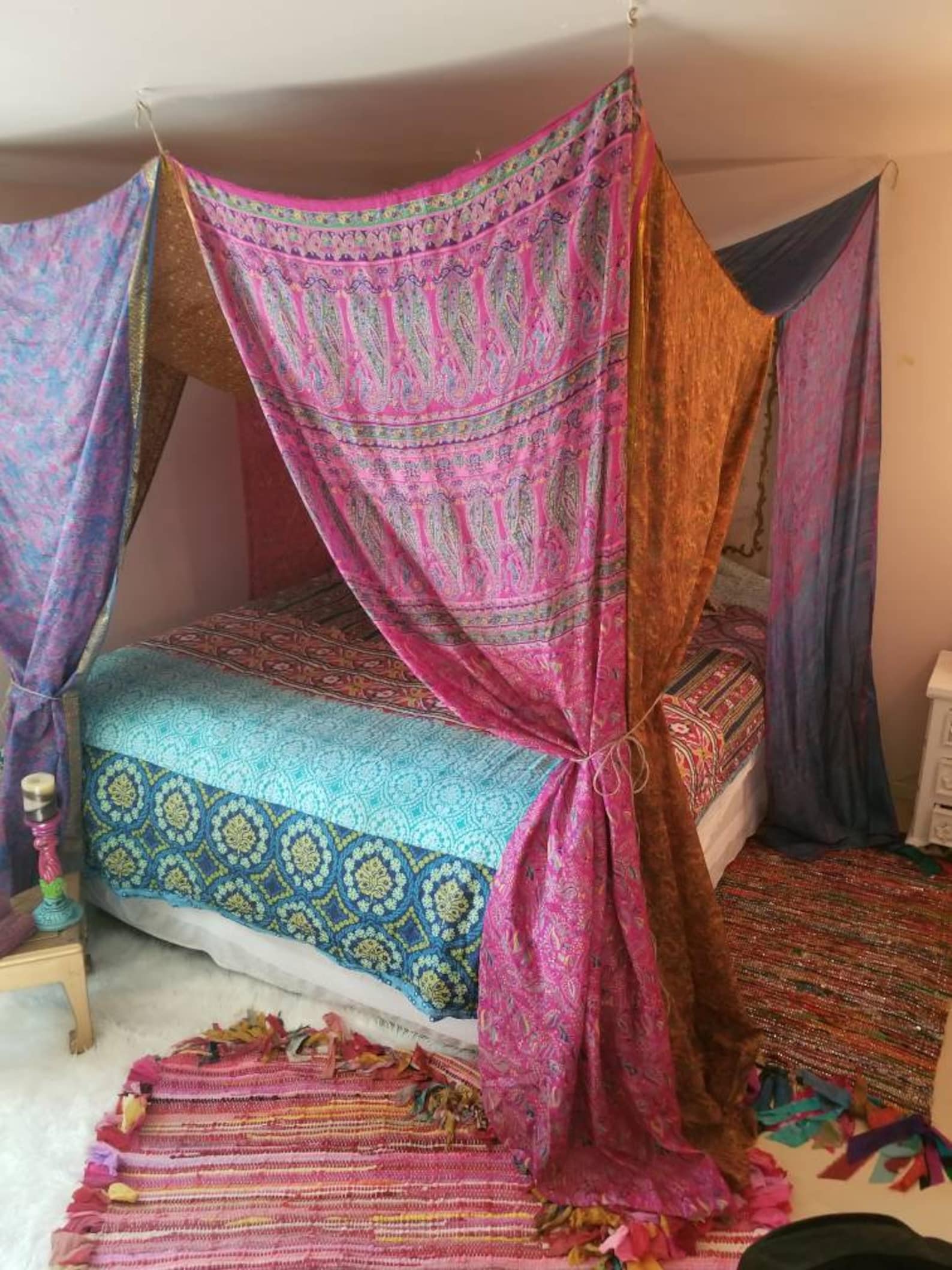 Bed Canopy In Stock Curtains Bohemian Blue Hippiewild Boho Etsy