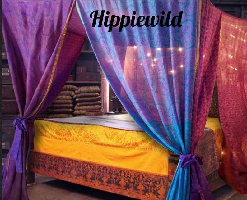 Bed Canopy Curtains Hippiewild Boho Curtains Bohemian Blue Etsy