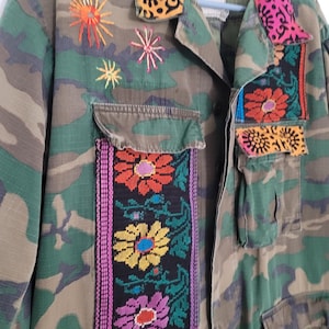 Upcycled Military Camo Jacket: Embroidered Vintage Army Coat, XL