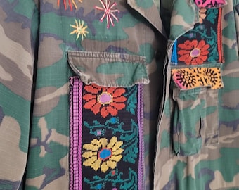 Upcycled Military Camo Jacket: Embroidered Vintage Army Coat, XL