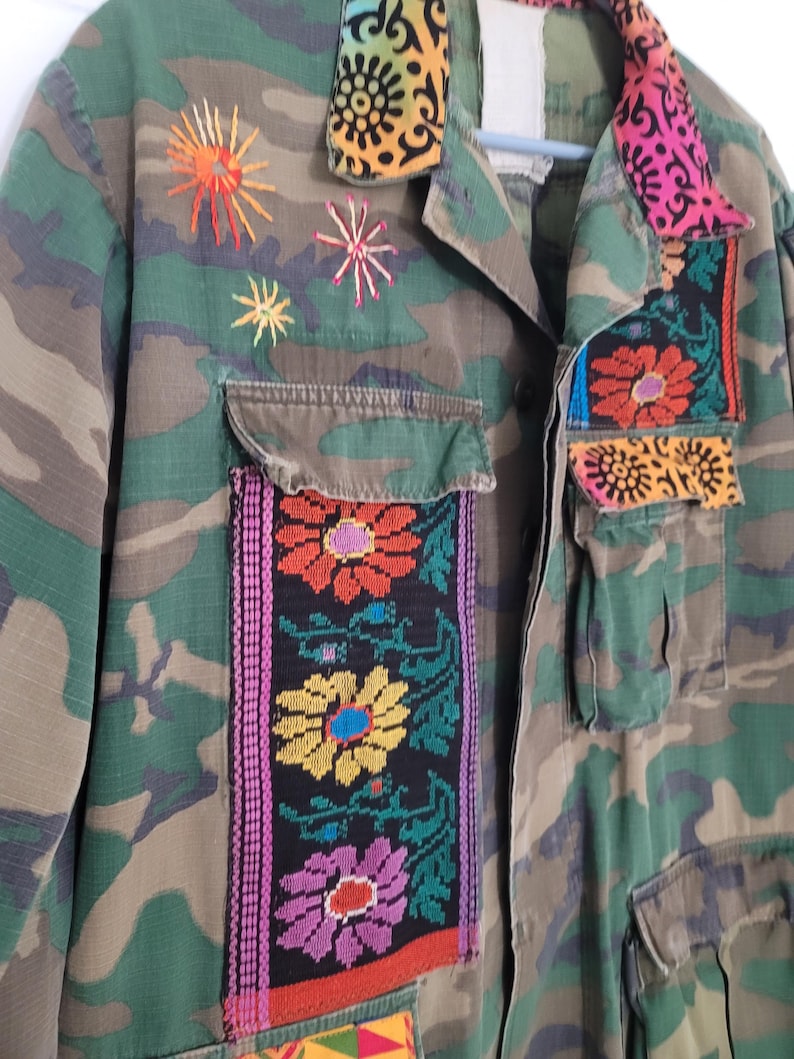 Upcycled Military Camo Jacket: Embroidered Vintage Army Coat, XL image 1