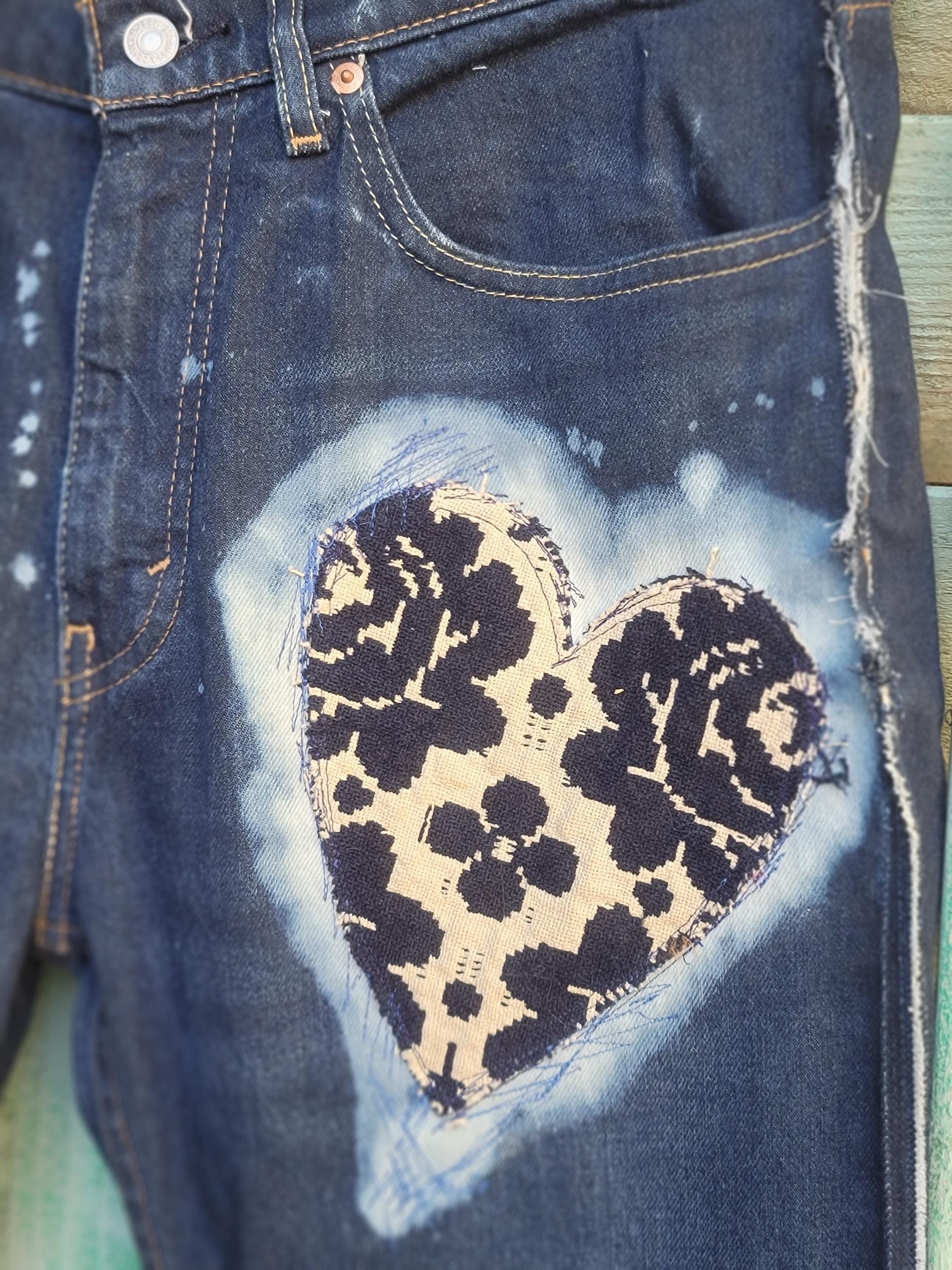Reworked Stitched Heart Jeans: Upcycled Antique Patch Levis 34x32