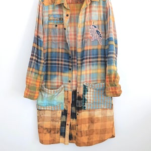 Bleached Patchwork Flannel Duster: Upcycled Hippie Coat, XL