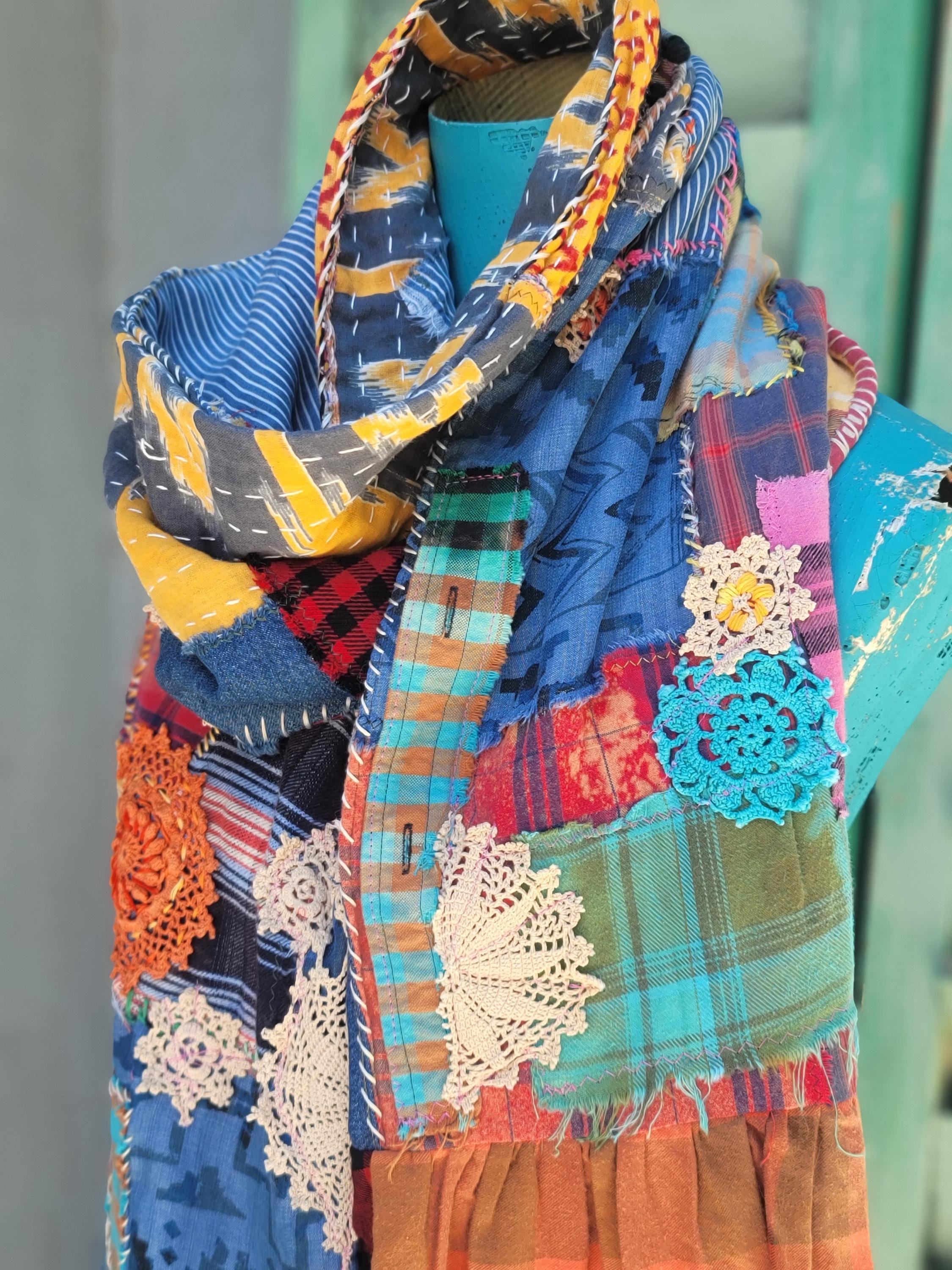 Handmade Patchwork Flannel Scarf: Embroidered Boho Shawl - Etsy