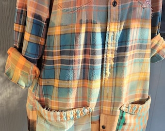 Bleached Patchwork Flannel Duster: Upcycled Hippie Coat, XL