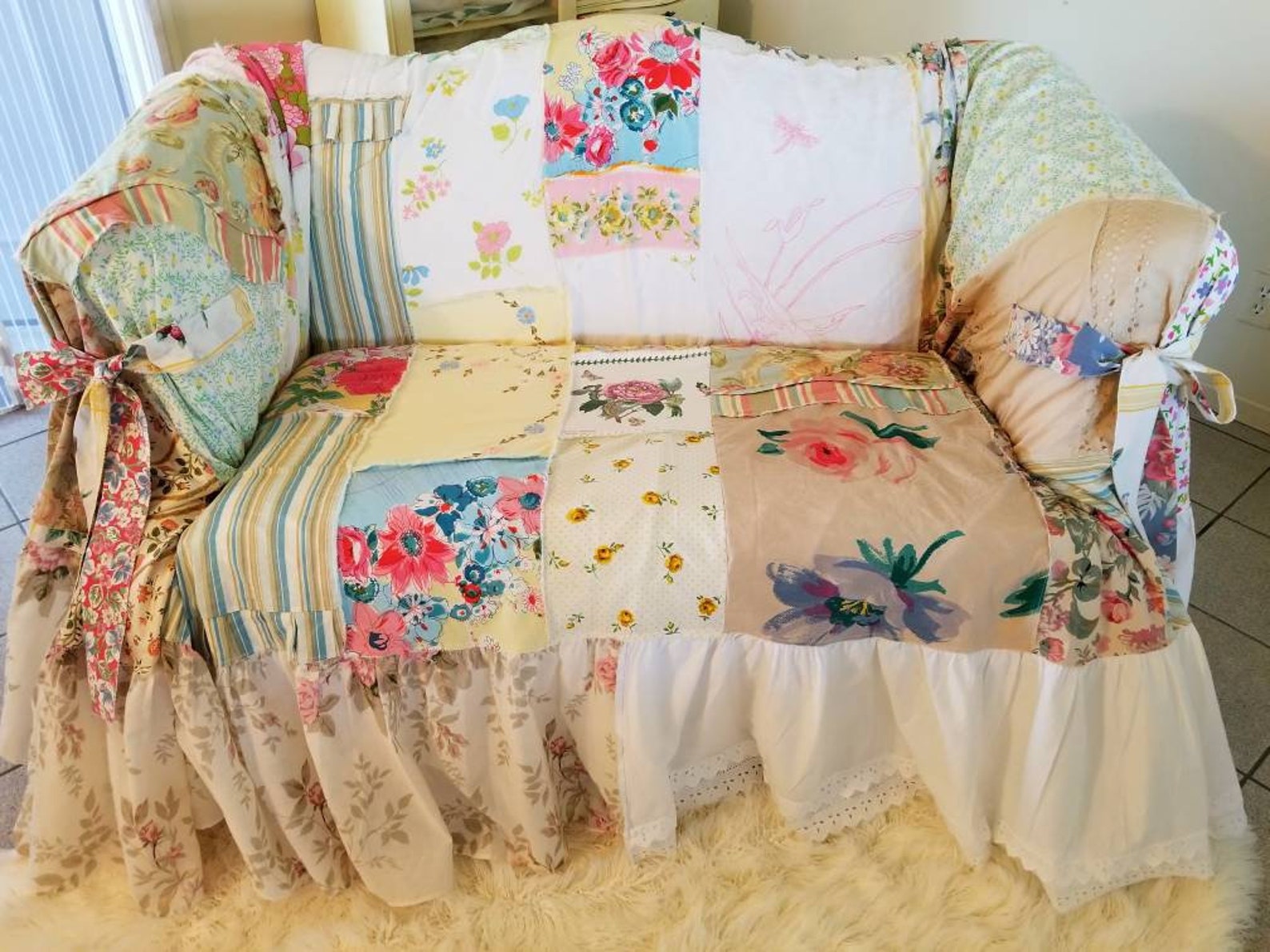Shabby chic slipcover loveseat couch throw Boho decor Etsy