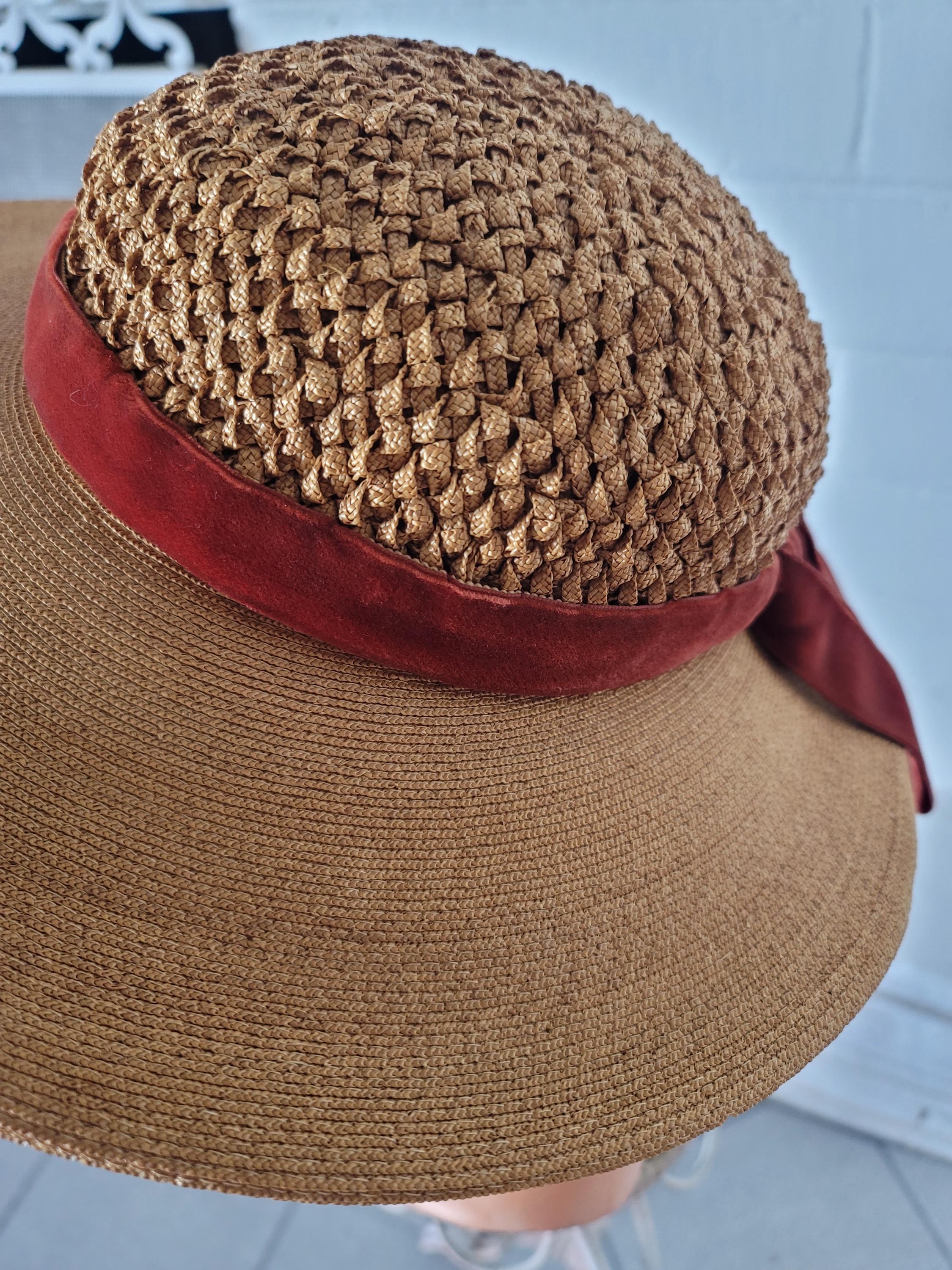 1950s Fifth Ave. Designers Group Wide Brim Hat w/Velvet Ribbon‎ & Netting Vintage Red Straw Hat by Saks Fifth Avenue Union Label USA  main image 4