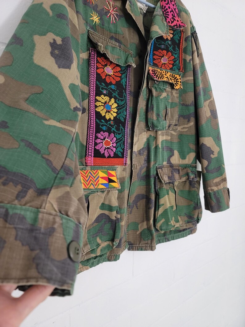 Upcycled Military Camo Jacket: Embroidered Vintage Army Coat, XL image 3