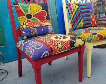 Upcycled Kantha Patchwork Dining Chairs with Back Pillows - Palm Springs LOCAL PICKUP ONLY