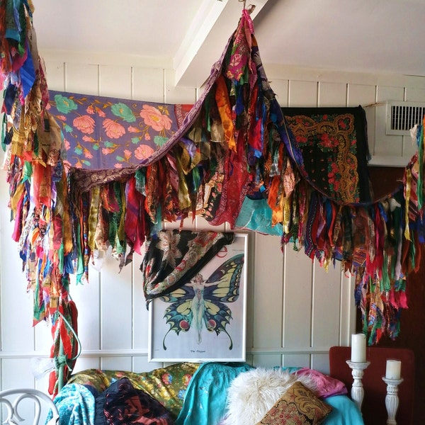 Boho Bedroom Patio Canopy Bohemian hippy vtg bed scarves Gypsy hippie patchwork meditation garden Wedding Decor photo prop backdrop Fringe