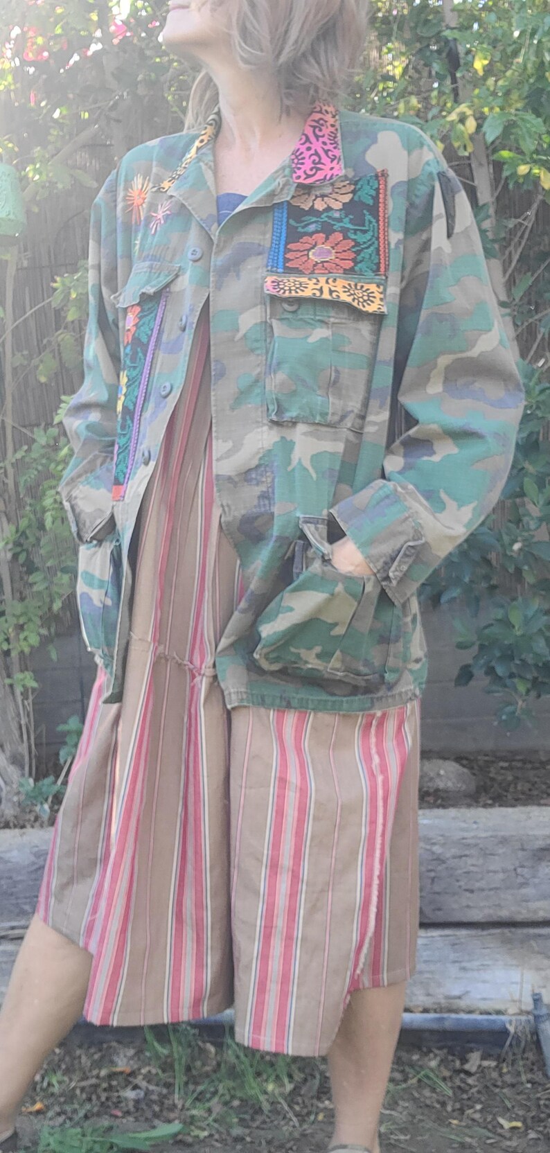 Upcycled Military Camo Jacket: Embroidered Vintage Army Coat, XL image 4