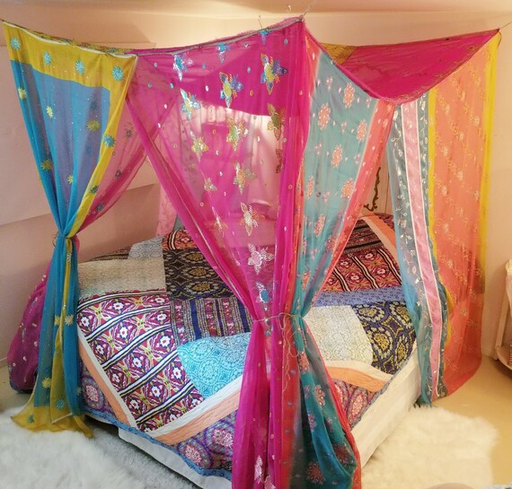 Bed Canopy Queen Boho Curtains Gypsy Bedroom Hippiewild Made Etsy