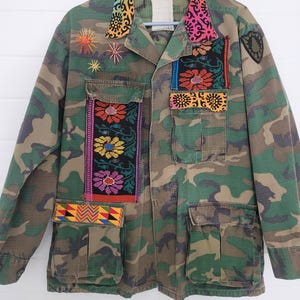 Upcycled Military Camo Jacket: Embroidered Vintage Army Coat, XL image 5