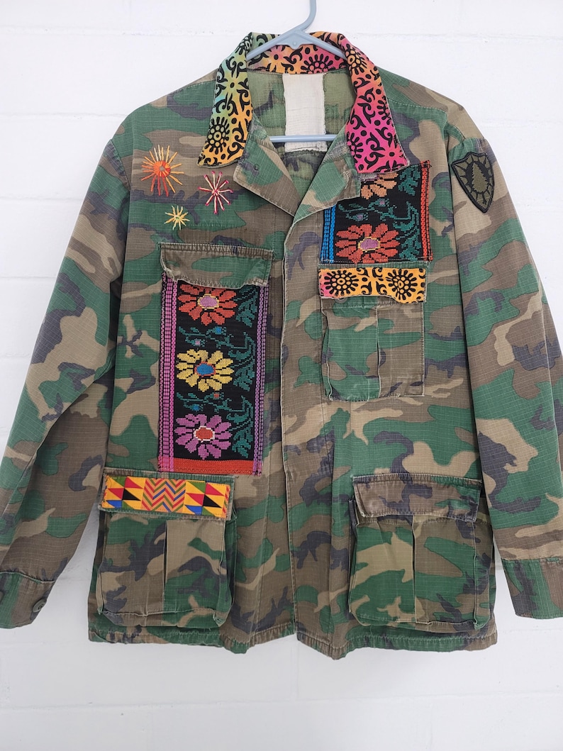 Upcycled Military Camo Jacket: Embroidered Vintage Army Coat, XL image 5