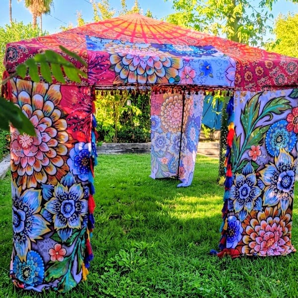 Boho Vendor Tent Cover 10x10, Floral Festival Canopy Top, Hippiewild Artisan Event Decor