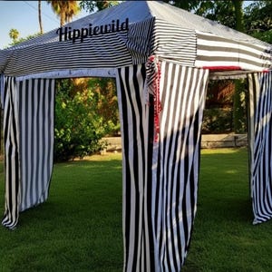 Striped Vendor Tent: Modern Beach Cabana Canopy Cover, 10x10 (Standard), Black and White Cover