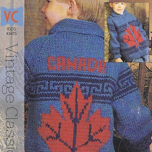 May include: A blue knitted sweater with a red maple leaf design and the word "CANADA" in red. The sweater is part of a vintage knitting pattern for kids. The pattern is written for both worsted and chunky weights.