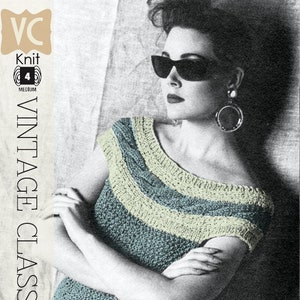 May include: A black and white photo of a woman wearing a knitted top with a cable yoke design. The top is blue and green with a yellow stripe. The text "50's CABLE YOKE SUNTOP" is at the bottom of the image.
