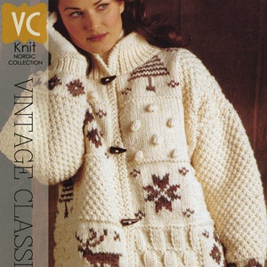 May include: A white knitted jacket with brown and white patterned designs. The jacket has a high collar, a button closure, and a bulky weight yarn. The text "Vintage Classics" and "Sampler Patch Jacket" is printed on the left side of the image. The text "Bulky Weight Yarn" is printed at the bottom of the image.