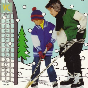 May include: Image of a vintage knitting pattern cover featuring two children playing hockey in the snow. The children are wearing knitted varsity jackets, hats, and gloves. The pattern is for a varsity jacket.