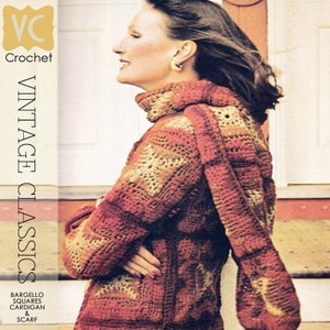 May include: A vintage crochet pattern for a Bargello Squares Cardigan and Scarf. The pattern features a woman wearing a red, brown, and beige cardigan and scarf.