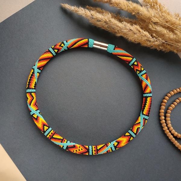 Native American inspired beadwork necklace, Geometric boho beaded crochet rope southwestern burnt orange jewelry | Gift for women, mother